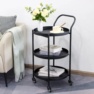 Immagine prodotto di Carrello portabicchieri in metallo nero, a 3 ripiani, alto 78 cm, con ruote regolabili, ideale per la cucina