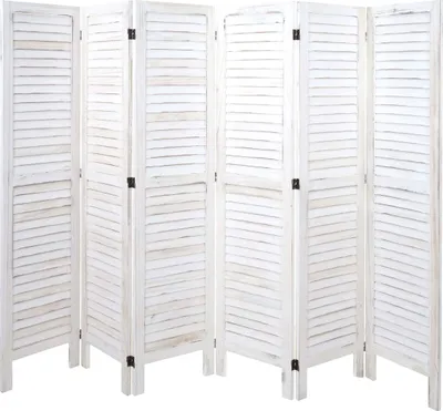 A white, slatted room divider is shown against a white background.