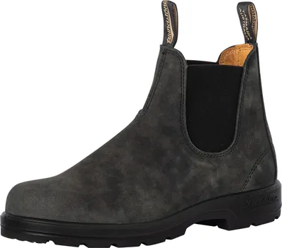 A single gray Blundstone boot is shown against a white background.