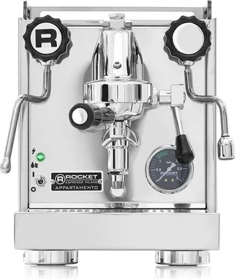 A front view of a shiny silver espresso machine.