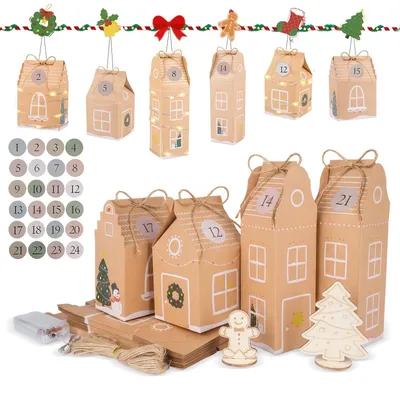 Adventskalender zum Befüllen, 24 Häuser, DIY-Set mit Zahlenaufklebern