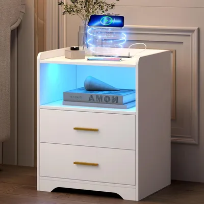 Produktbild von Nachttisch mit RGB-Beleuchtung, Ladefunktion & USB, 2 Schubladen, Weiß, 45x58x40 cm