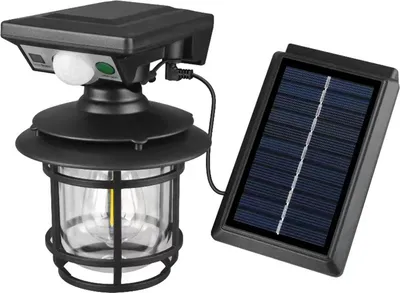 A black solar-powered outdoor lantern with a separate solar panel.