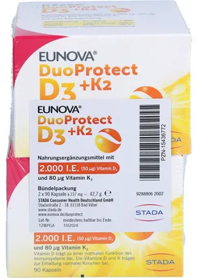 Produktbild von EUNOVA DuoProtect D3 + K2 2000IE / 80UG zur normalen Funktion des Immunsystems & Erhaltung normaler Knochen, 180 St. Kapseln