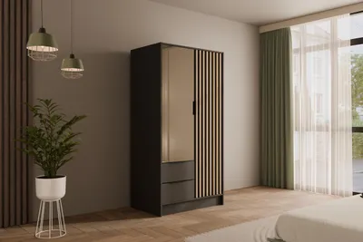 Produktbild von ALTDECOR Kleiderschrank mit Spiegel und selbstschließenden, Lamellentüren, Lamellen, Flügeltüren - NELIA - 100 cm Graphit