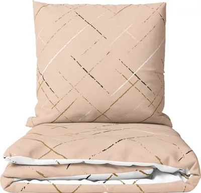 A folded duvet and pillow set with a beige background and a geometric line pattern.