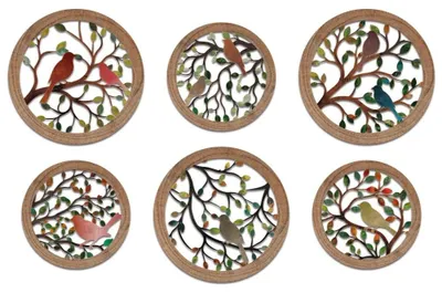 Imagen del producto de Elzusha - Juego de 6 adornos de pared con forma de pájaros, con hojas de madera