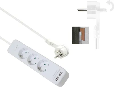Productafbeelding van helos stekkerdoos, geavanceerd model, 3-voudig, met USB-oplaadpoort, wit, 1,5 meter, met schakelaar