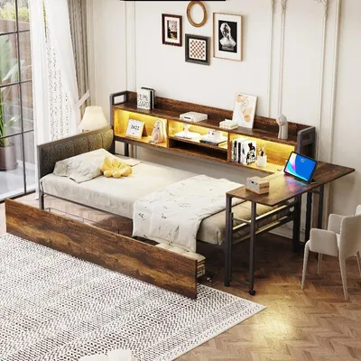 Immagine prodotto di Letto a castello 90x200 cm con spazio contenitore, illuminazione a LED, presa di corrente e scrivania estraibile, letto singolo bianco/color legno con schienale