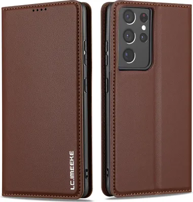 Image de Etui magnétique en cuir pour Samsung Galaxy S21 Ultra 5G, avec fente pour carte et fonction stand Marron
