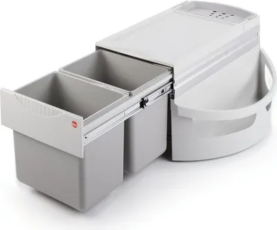 A white and gray pull-out trash bin system with two compartments.