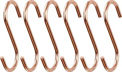 Five copper-colored S-hooks arranged horizontally against a white background.