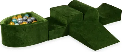 Produktbild von Schaumstoff-Spielset mit Hügel und Mikro-Bällepool – Samtig weiches Olivgrün + 100 Bällebadbälle / Perle, Silber, Gold, Metallic-Türkis