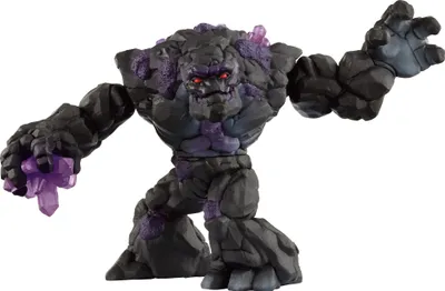 A toy monster figure with rocky texture and purple crystal accents.