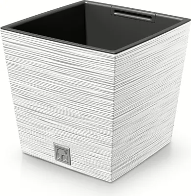 A white square planter with a textured striped pattern and a black interior.