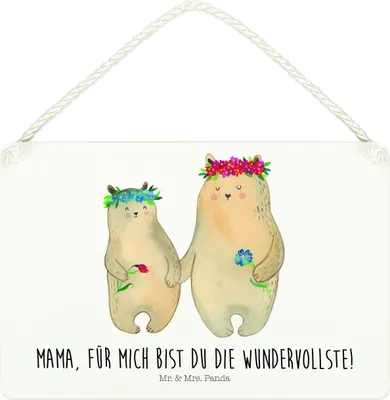 Produktbild von Mr. & Mrs. Panda Schild Bären mit Blumenkranz DIN A4 - Weiß - Geschenk, Holzschild, Vorbild, Familie, Dekobrett, hängeschild, Türschild, Muttertag, kleine aufmerksamkeit