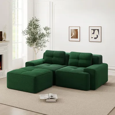 Produktbild von Boneless Modulsofa, Modernes L-förmiges Modulsofa für Wohnzimmer mit Tiefem Sitz, bequemes 80% Corduroy-Cloud-Sofa mit Ottoman, Getuftetes Zweisitzer-Schlafsofa, Grün