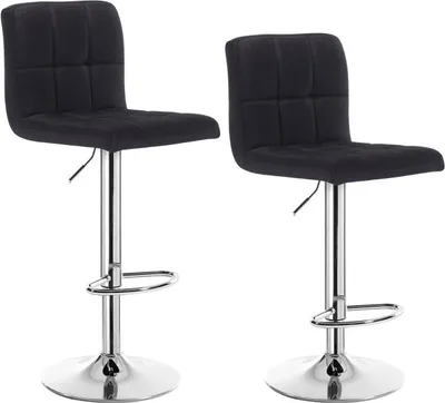 Two black bar stools on a white background.