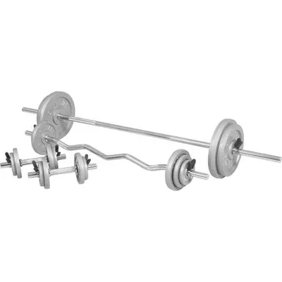 Produktbild von GORILLA SPORTS® Hantelset 108kg - SZ Curlstange 120cm, Langhantel 170cm, 2x Kurzhanteln 30mm, Gewichte 6x1,25kg, 6x2,5kg, 2x5kg, 2x10kg, 2x15kg, 8 Federverschlüsse, Gusseisen, gerändelt - Hantel Set