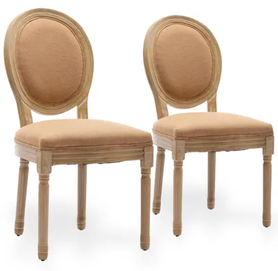 Productafbeelding van Set van 2 linnen eetkamerstoelen met een ovale rugleuning en een frame van antiek rubberhout, lichtbruin