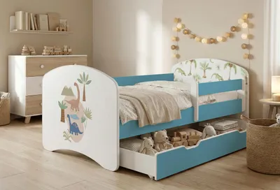 Produktbild von Happy Babies Kinderbett mit Rausfallschutz Junge 140x70 Bett für Kinderzimmer mit Schublade Matratze Einzelbett für Kinder, Blau, Bunte Aufkleber