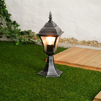 Immagine prodotto di Lampada da piedistallo antica per esterni argento E27 vetro antipioggia H:42cm Luce rustica per sentiero giardino vialetto balcone
