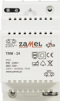 A white electrical transformer with product information printed on its front.