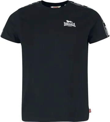 A black Lonsdale London t-shirt is shown against a white background.