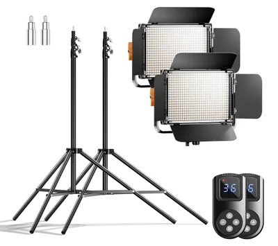 Image de Lot de 2 lampes Walimex pro LED Niova 600 Bi Color avec trépied, comprenant des panneaux LED de 36 W, une température de couleur réglable et des trépieds d'éclairage