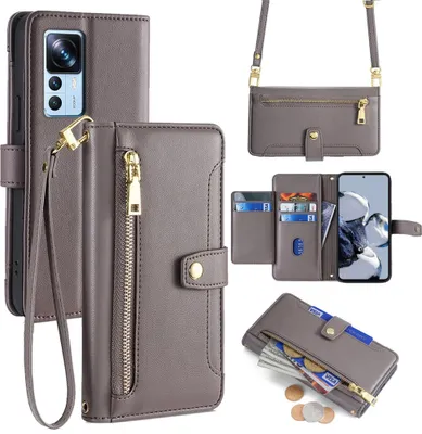 Produktbild von Handykette Xiaomi Hülle mit Band Handyhülle Kartenfächer Kunstleder Umhängetasche 12T / 12T Pro Grau