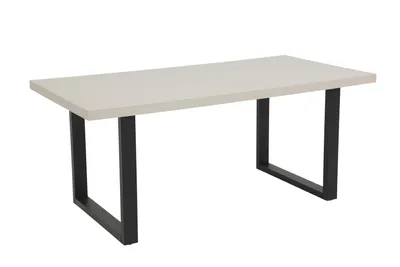 A table with a light gray top and black U-shaped legs, isolated on a white background.