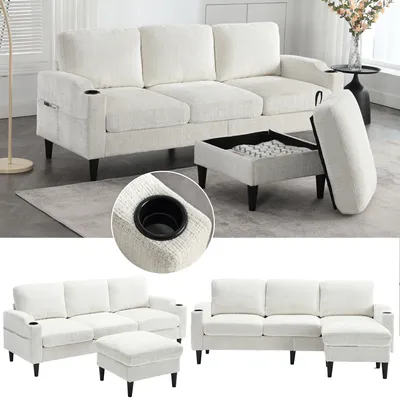 A collage of images showing a beige sofa with a storage ottoman and a sectional sofa configuration.