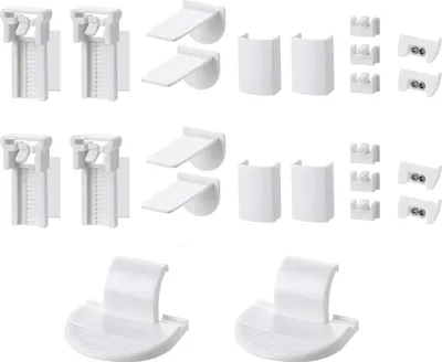 A collage of various white plastic safety/childproofing devices.