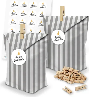 Produktbild von itenga SET Geschenktüten 24 x Tüten Streifen + Klammern + Motivsticker (M154)