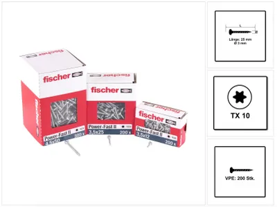 Obrázok produktu pre Fischer 200x Power-Fast II FPF II PTF 3 x 25 mm BC Pan Head s vnútornou hviezdicou TX10 s plným závitom pozinkovaná modrá pasivovaná - 670059