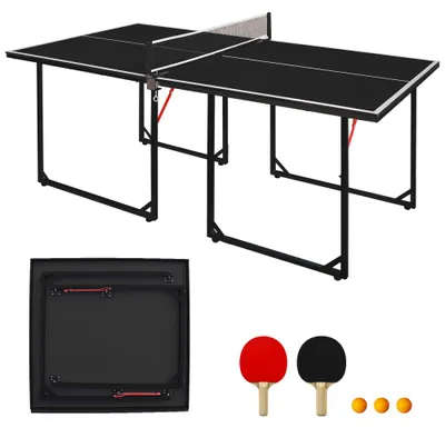 Produktbild von Klappbare Tischtennisplatte 182 cm mit Netz, 2 Schlägern & 3 Bällen, kompakt und tragbar für Indoor & Garten, Schwarz