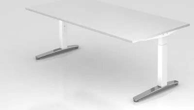 Produktbild von Schreibtisch Mika | Weiß | Weißes Gestell poliert | BxT 200x100cm | Arbeitshöhe 65-85cm | höhenjustierbar, 1cm Raster | C-Fuß-Gestell | Rechteckform