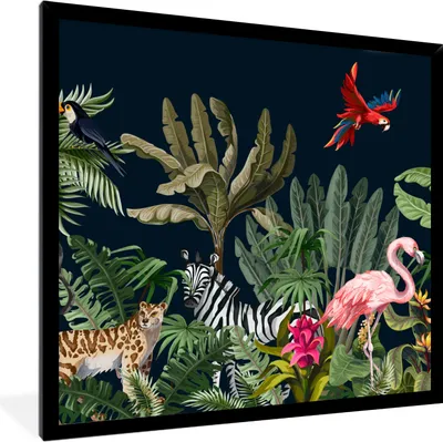 Produktbild von MuchoWow® Gerahmtes Poster Dschungel - Pflanzen - Tiere - Kinder - Flamingo - Zebra 40x40 cm - Poster mit Schwarzem Bilderrahmen Wandposter Rahmen Foto Bilder - Mit Rahmen - Wanddekoration Schlafzimmer