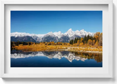 Produktbild von Bergsee und Herbstbäume– Wandbild mit Rahmen – Gerahmtes Bild  – Wanddekoration – 60x40 cm –  Schwarz Rahmen