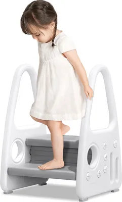 Produktbild von UISEBRT Kinder Tritthocker Trittschemel 2 Stufiger Lernturm Kinderschemel Kleinkind Trittstufe Tritthocker Schemel Stehender Grau