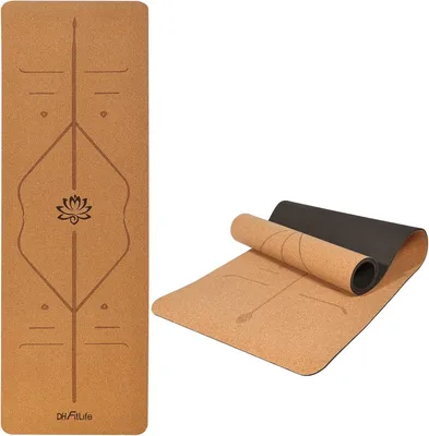 Zdjęcie produktu dla DH FitLife mata do jogi z korka i TPE (duży lotos), mata gimnastyczna 183 x 61 x 0,6 cm, mata sportowa do jogi, mata fitness antypoślizgowa, mata do jogi grubsza z liniami orientacyjnymi