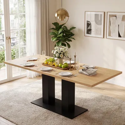 Obrázek produktu pro Rozkládací jídelní stůl, rozměry 140–180 × 70 cm, obdélníkový tvar, deska z MDF o tloušťce 30 mm, podnož se dvěma sloupky, nosnost až 60 kg, jednoduchý design, barva přírodního dřeva