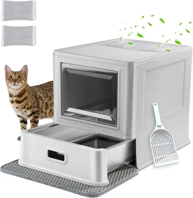 Productafbeelding van Gesloten kattenbak - kattentoilet met deksel en lade van roestvrij staal - met schep en mat - XL