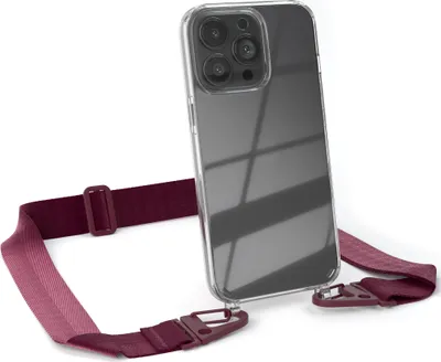 Produktbild von EAZY CASE - Hülle mit Band für Apple iPhone 13 Pro, Handyhülle mit Umhängeband, Silikonhülle transparent, Handykette in Rot
