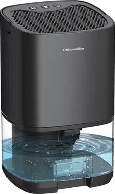 A black dehumidifier with a clear water tank filled with blue water sits on a white background.