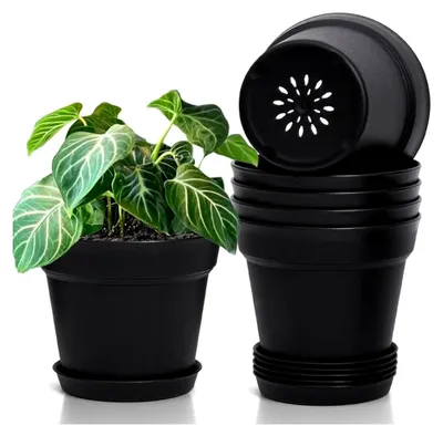 Produktbild von 16 cm Kunststoff-Blumentopf mit Untersetzer, 6er-Set, runder Pflanzkübel für Innen und Balkon, Schwarz