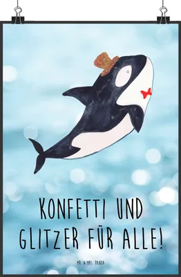 Produktbild von Mr. & Mrs. Panda Bild Orca Zylinder DIN A3 - Oceanblue - Geschenk, Wanddekoration, Wandbild, Konfetti, Posterdruck, wanddeko, kunstposter, Fest, Glückwunsch, Glitter