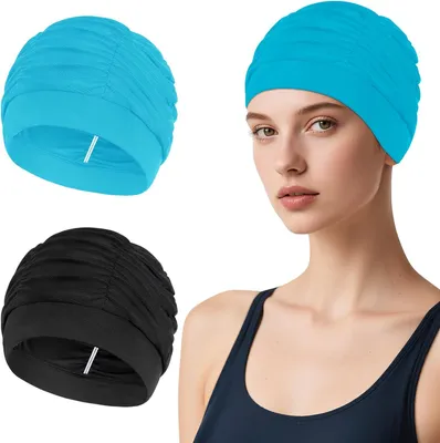 Image de Lot de 2 bonnet de bain pour adultes, élastiques, en nylon, adaptés aux cheveux longs, respirants