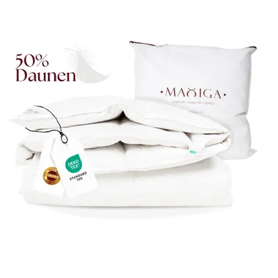 A stack of white bedding products, including a pillow and a folded duvet, with product tags attached.