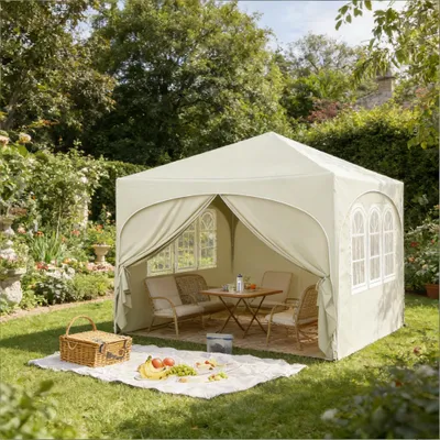 Image de Pavillon de jardin, 300 x 300 x 256 cm, protection solaire, pliable, imperméable, beige